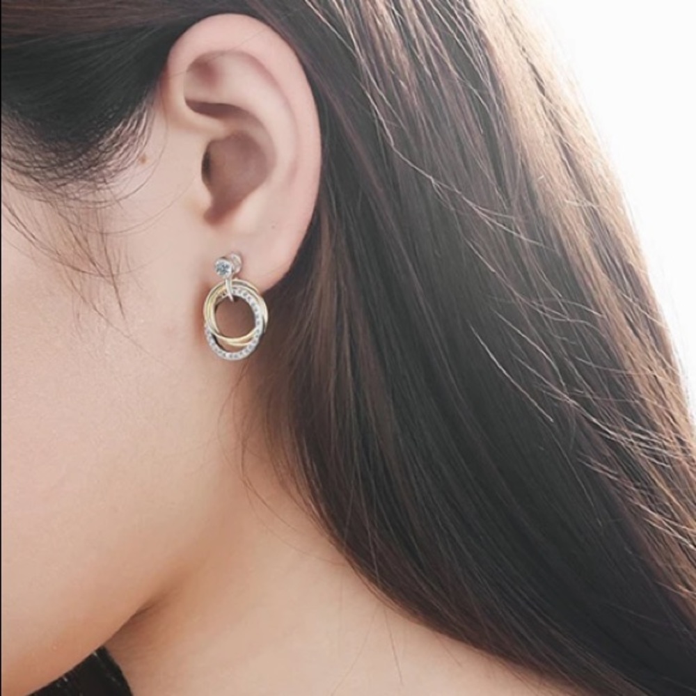 🌟 Sterling Silver Diamond Circle Earrings Two Tone - Picture 4 of 4